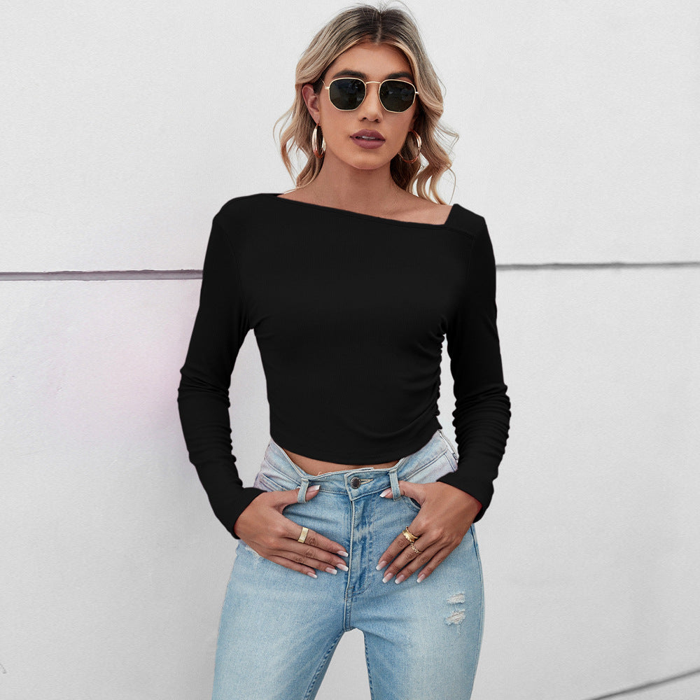 Damen figurbetontes geripptes Langarm-Cropped-Top mit asymmetrischer Schulterlinie und taillierter Stretch-Passform Drune