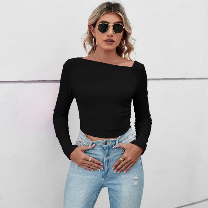 Damen figurbetontes geripptes Langarm-Cropped-Top mit asymmetrischer Schulterlinie und taillierter Stretch-Passform Drune