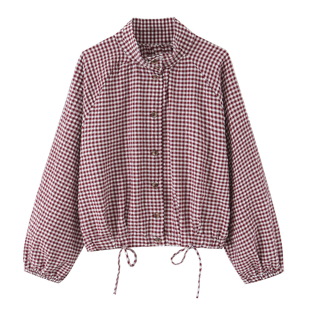 Damen Karierter Gingham-Blouson mit Tunnelzug-Saum, Raglanärmeln und Stehkragen Drune