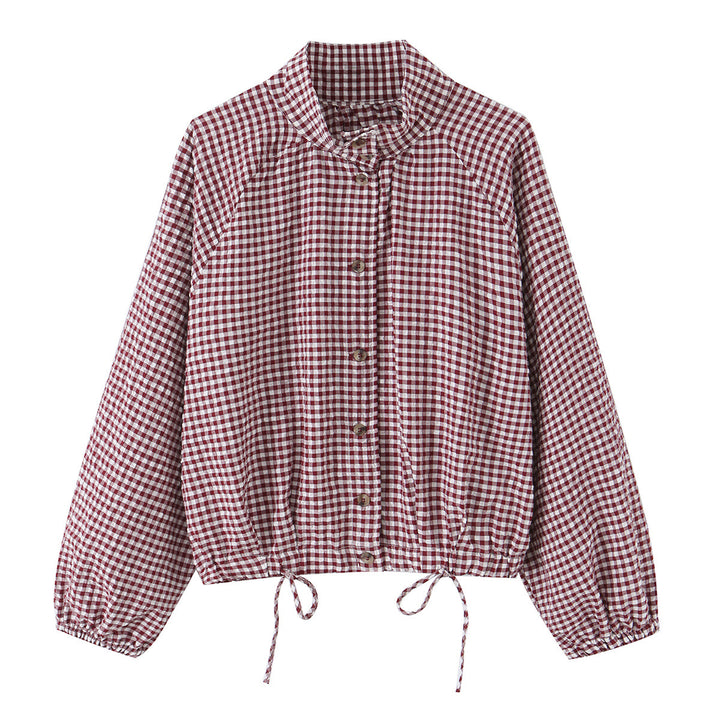 Damen Karierter Gingham-Blouson mit Tunnelzug-Saum, Raglanärmeln und Stehkragen Drune