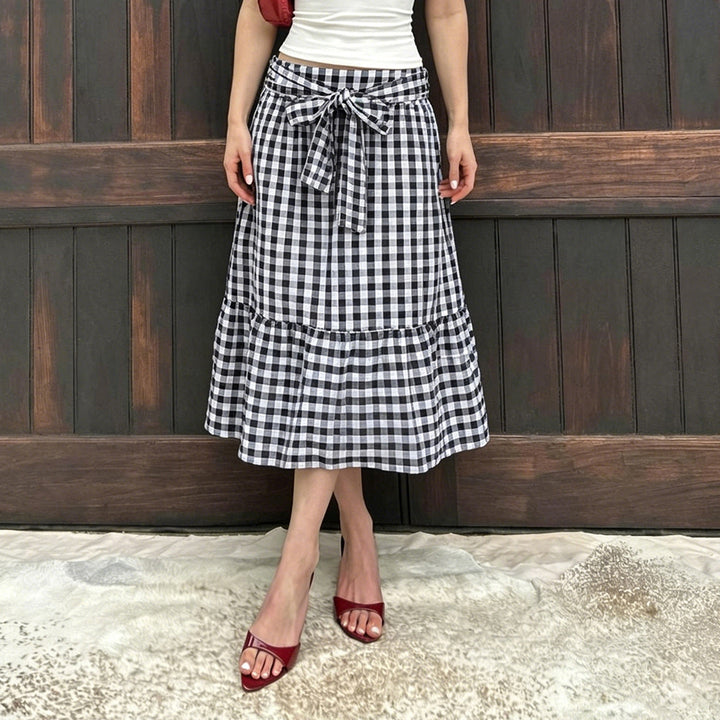 Damen Karierter Midirock mit hoher Taillenbinde und Stufenvolant Drune
