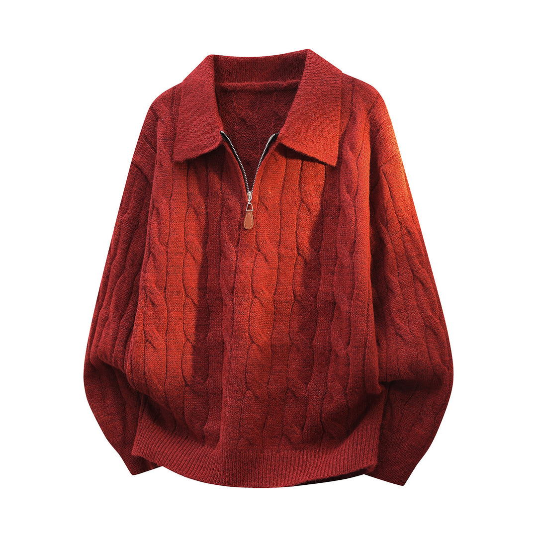 Unisex Oversize-Zopfmuster-Pullover mit Halbreißverschluss und Hemdkragen Drune