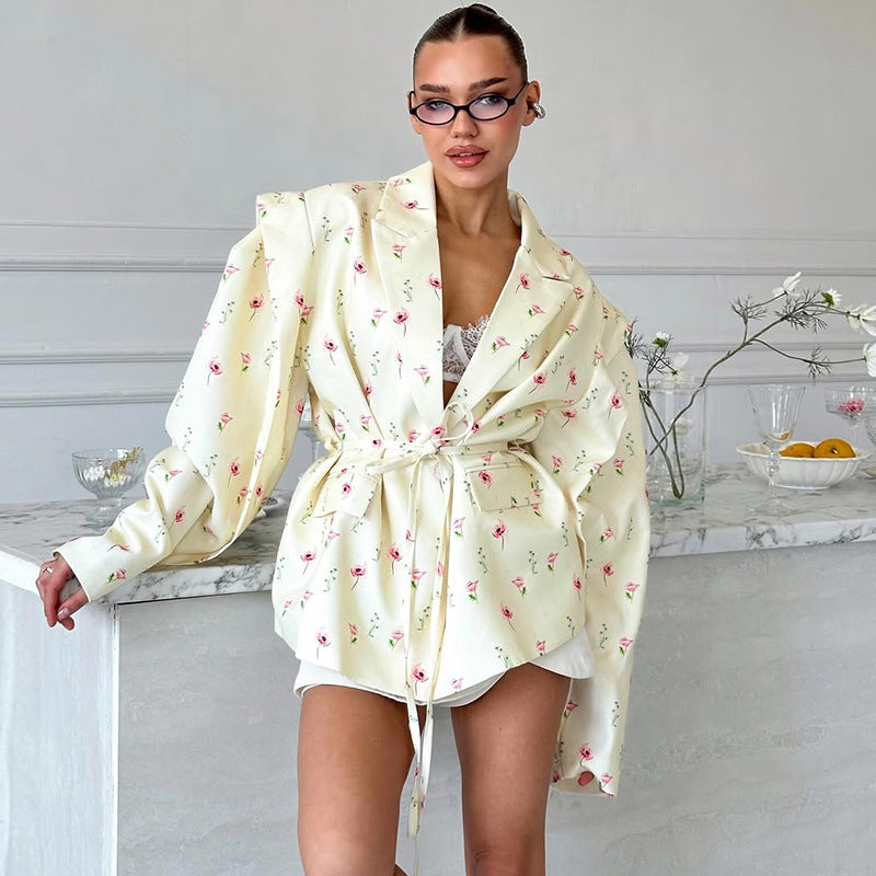 Damen Elegante Blazerjacke mit floralem Design und Taillengürtel Drune