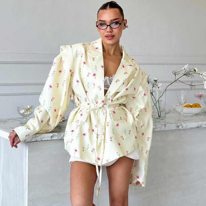 Damen Elegante Blazerjacke mit floralem Design und Taillengürtel Drune