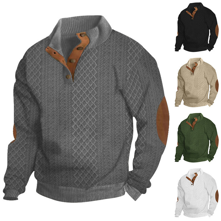 Herren Strukturierter Aran-Strickpullover mit halbem Knopfleistenkragen und Leder-Ellbogenpatches Drune