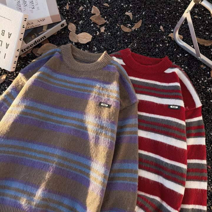 Unisex Gestreifter Oversize-Mohair‑Optik Pullover mit Rundhals und weicher Struktur Drune