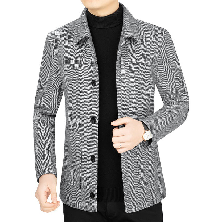 Herren Fischgrät-Übergangsjacke mit Stehkragen und aufgesetzten Taschen Drune