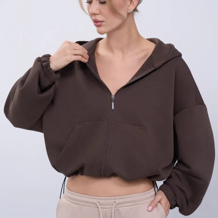 Damen legeres Cropped-Fleece-Hoodie mit Tunnelzugbund, Raglanärmeln und Reißverschluss Drune