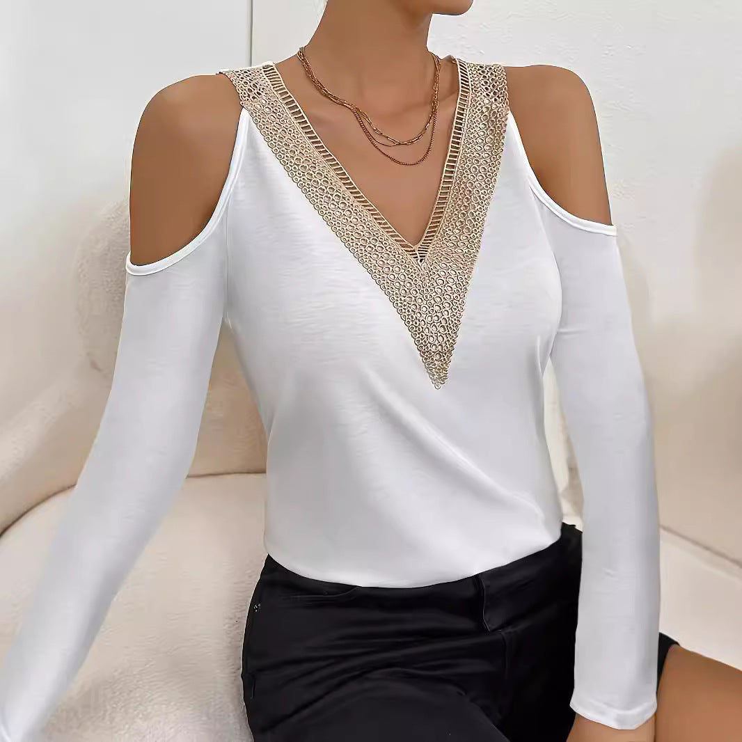 Damen nan Langarmshirt mit offenen Schultern und gehäkeltem V-Spitzenbesatz Drune