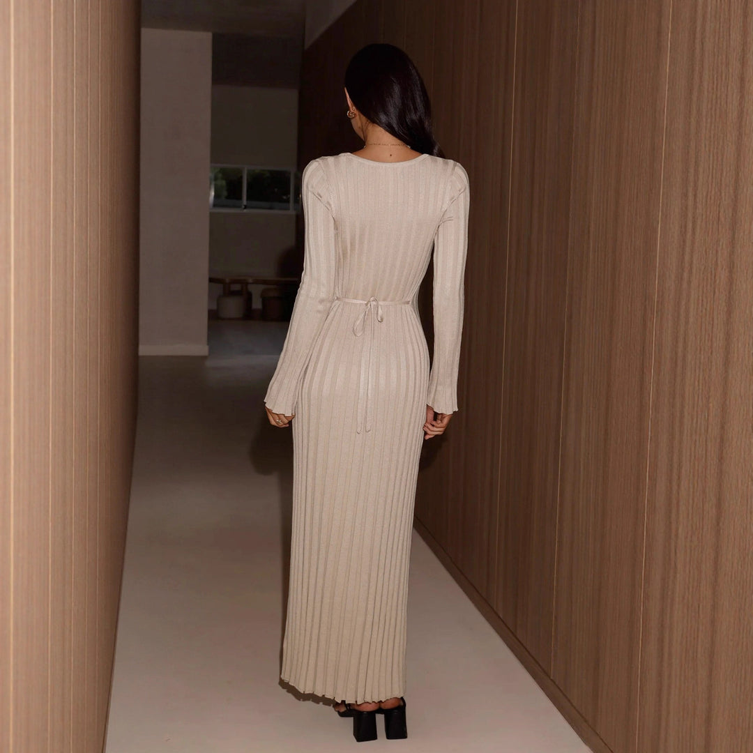 Damen Elegantes Maxikleid mit V-Ausschnitt und Rippstrick Drune