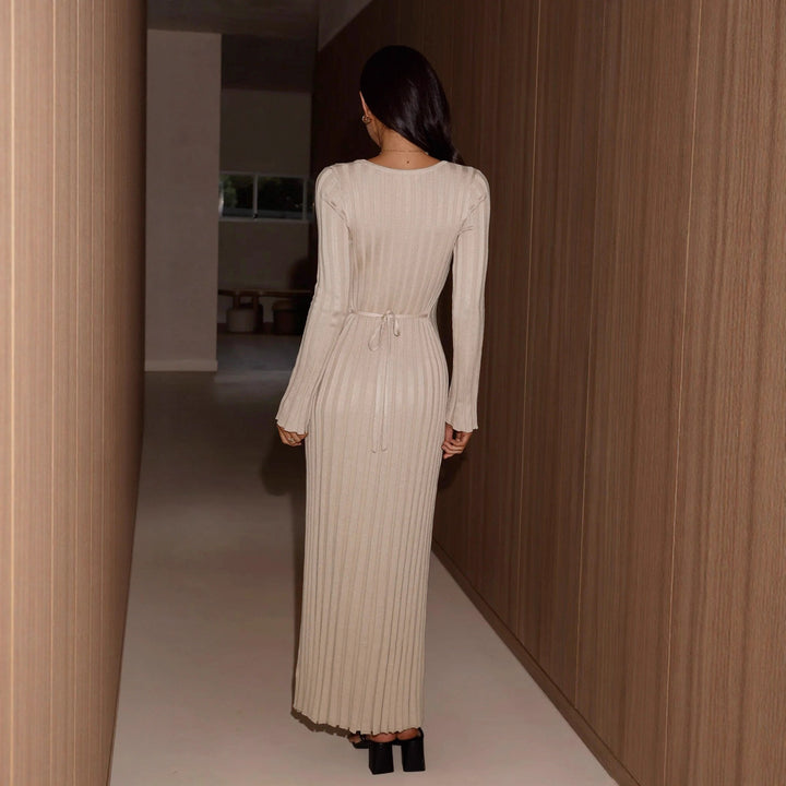 Damen Elegantes Maxikleid mit V-Ausschnitt und Rippstrick Drune