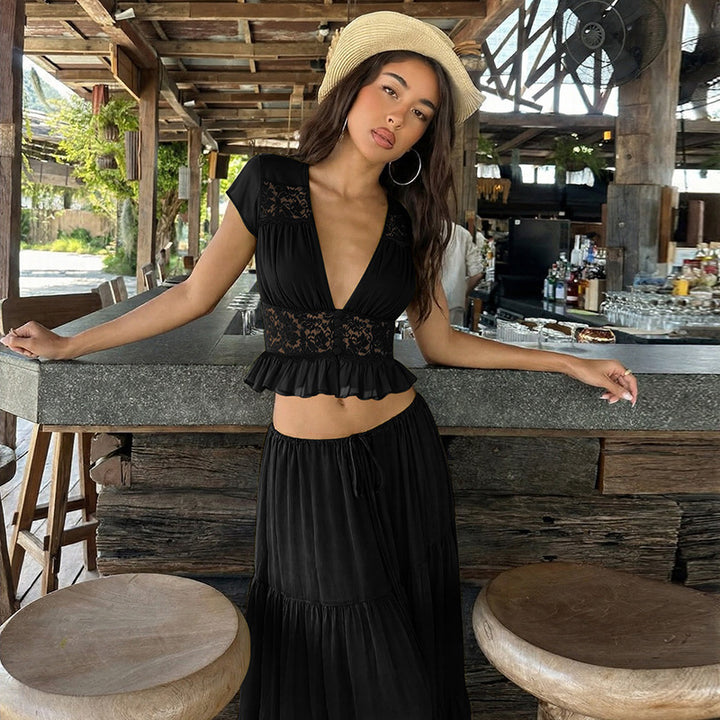 Damen Elegantes Maxikleid mit Spitzenoberteil und fließendem Saum Drune