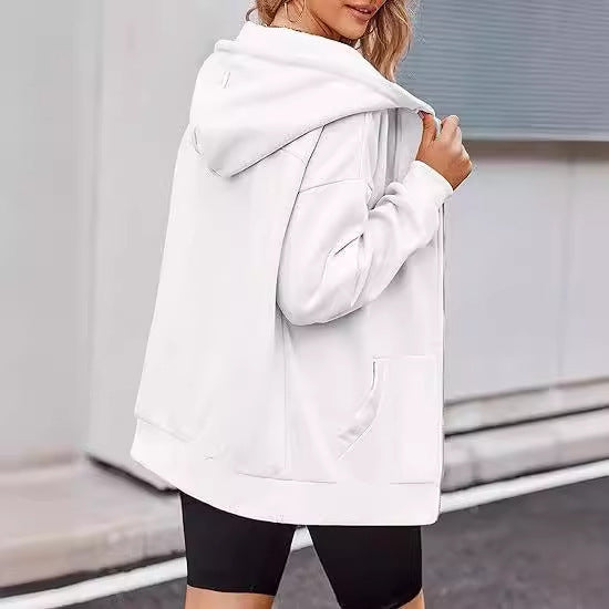 Damen nan oversized Zip-Kapuzenjacke mit kontrastierendem Reißverschluss, doppellagiger Kapuze und Kängurutasche Drune