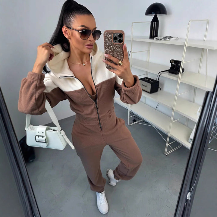 Damen gemütlicher Fleece-Overall mit Kapuze, durchgehendem Reißverschluss und elastischen Bündchen Drune