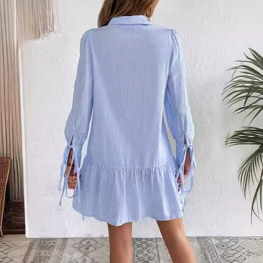 Damen Lockeres Hemdkleid mit Feinen Streifen, Volantsaum und Manschetten Drune