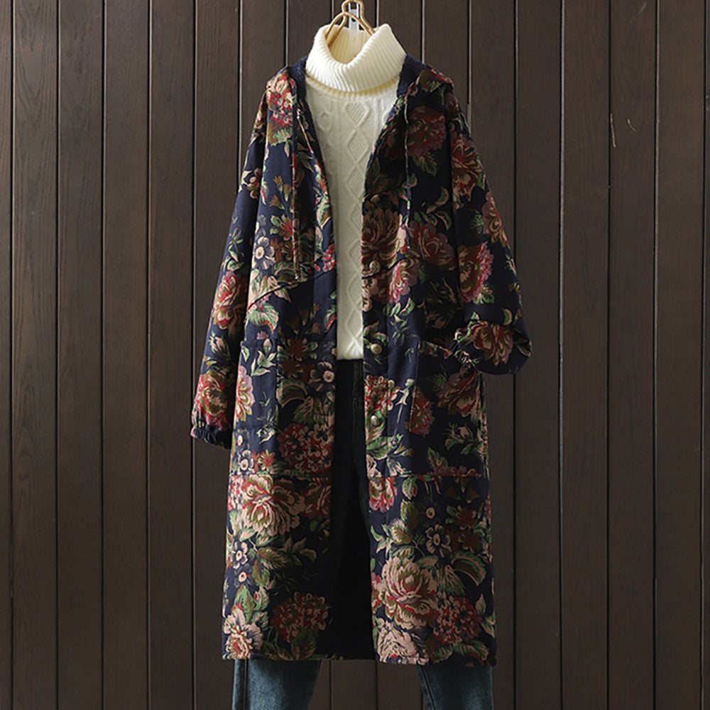 Drune | Langer Mantel im Vintage-Stil mit Blumendruck