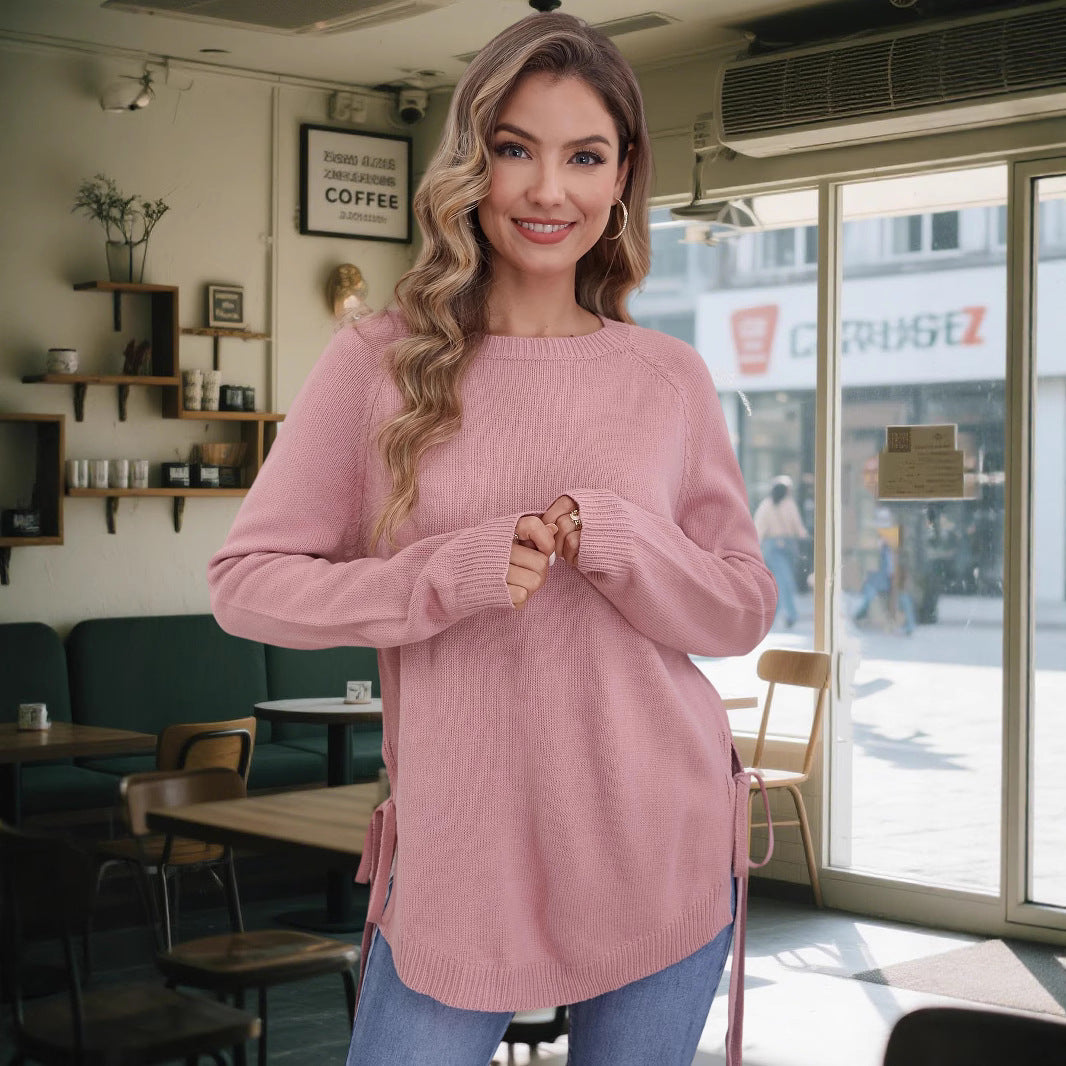 Damen modischer Pullover mit seitlichen Bindebändern Drune