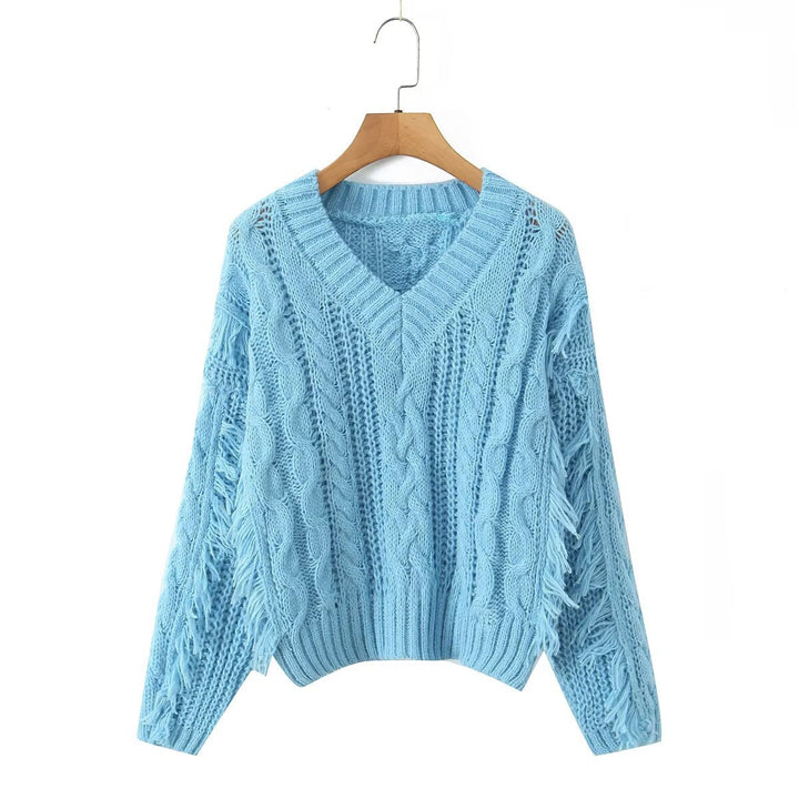 Damen Grobgestrickter V‑Ausschnitt‑Pullover mit Zopfmuster und Fransen Drune