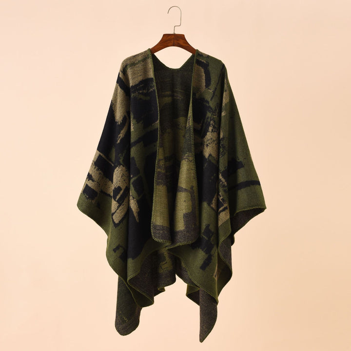 Damen Oversize-Umhangruana aus Wollmix mit abstraktem Jacquard und Zierstichkante Drune