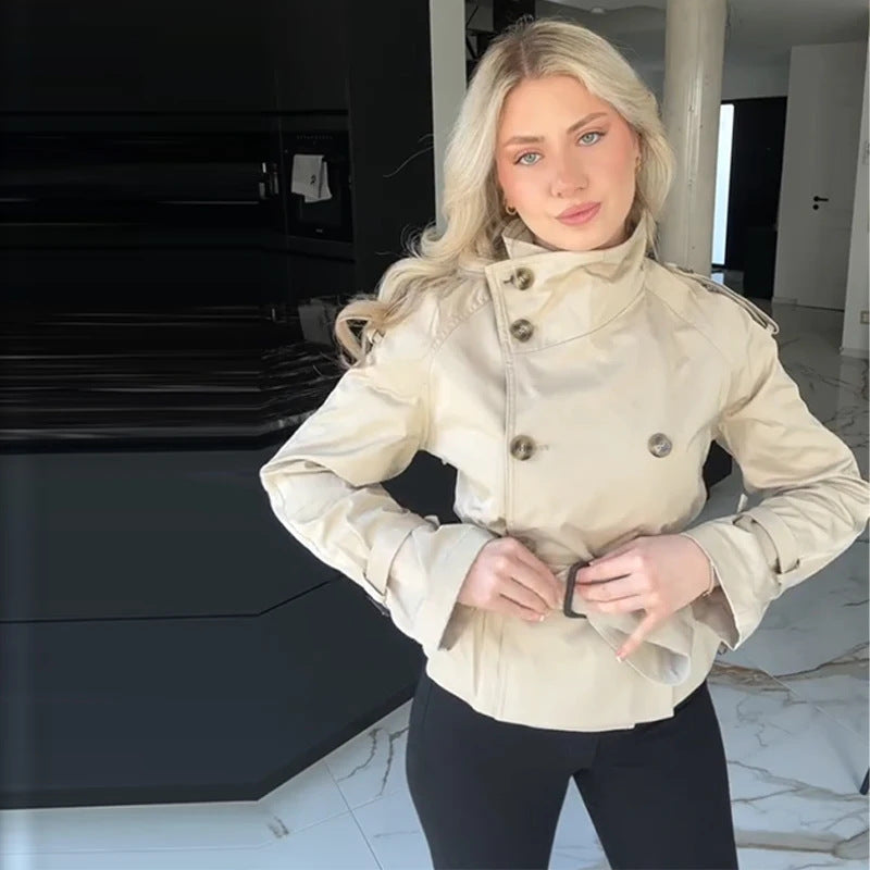 Damen Eleganter Kurz-Trenchcoat mit doppelter Knopfleiste und Taillengürtel Drune