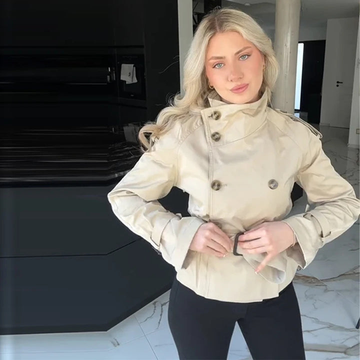 Damen Eleganter Kurz-Trenchcoat mit doppelter Knopfleiste und Taillengürtel Drune