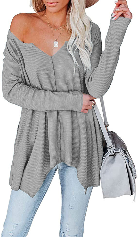 Damen Freizeit Waffelstrick Tunika mit V-Ausschnitt, Off-Shoulder und asymmetrischem Saum Drune