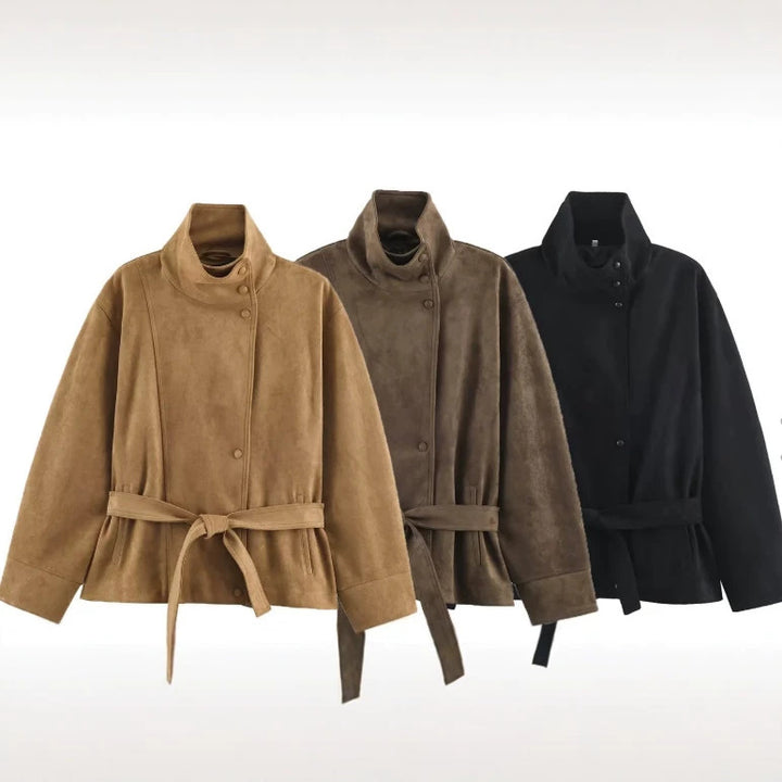 Damen Veloursleder-Optikjacke mit hohem Stehkragen und Taillengürtel Drune