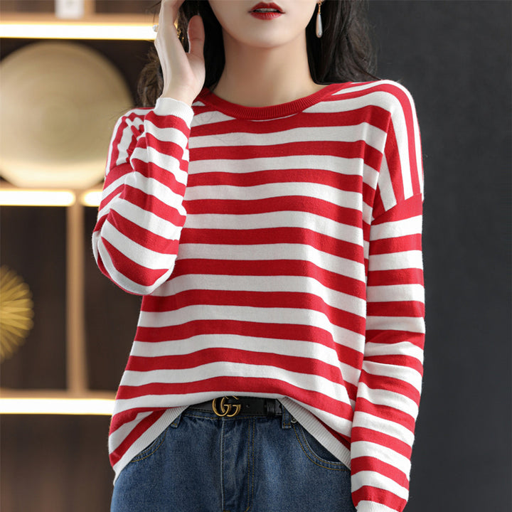 Damen Maritim-inspiriertes gestreiftes Feinstrick-Shirt mit weitem Boot-Ausschnitt und Kontrastkante Drune