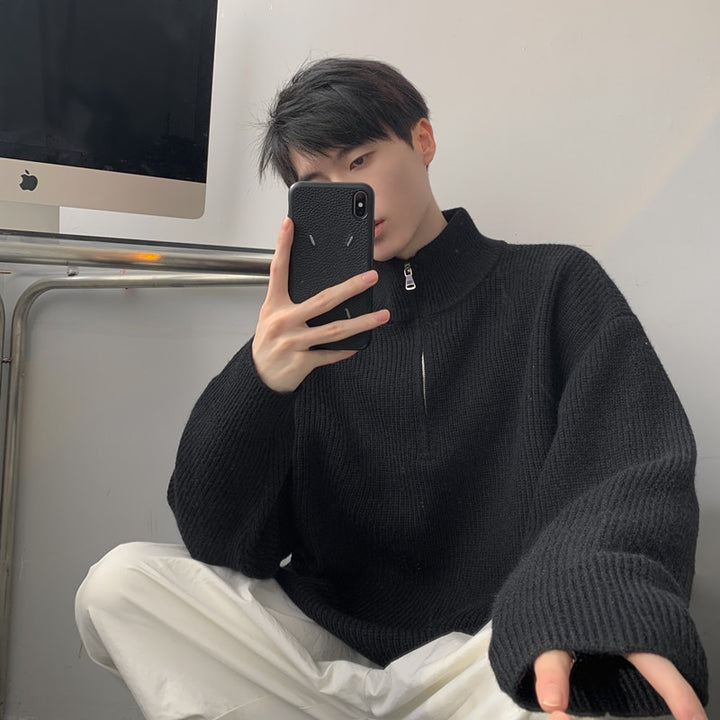 Herren Modischer Strickpullover mit hohem Kragen und Reißverschluss Drune