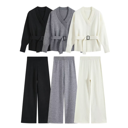 Damen Strick-Set mit V‑Ausschnitt, Taillengürtel und weiten Culotte-Hosen Drune