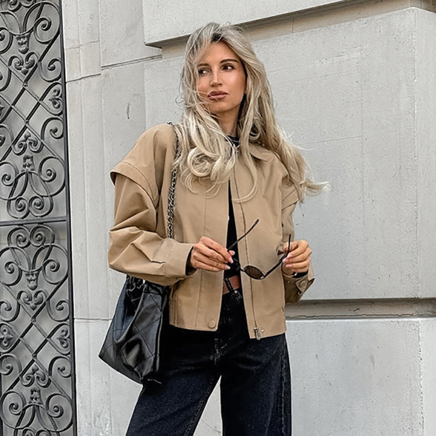 Damen Kurze Utility-Jacke mit voluminösen Ärmeln und praktischen Taschen Drune