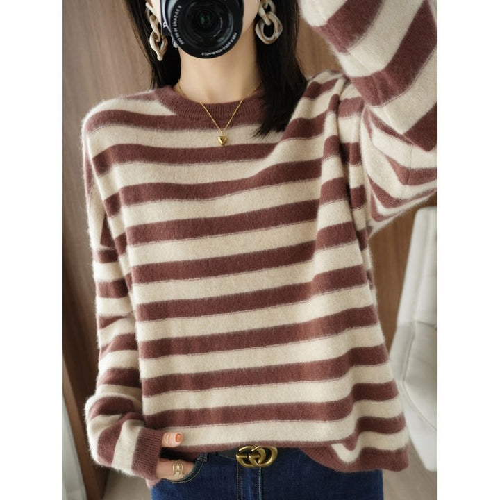 Damen lässiger Strickpullover mit breiten Streifen Drune