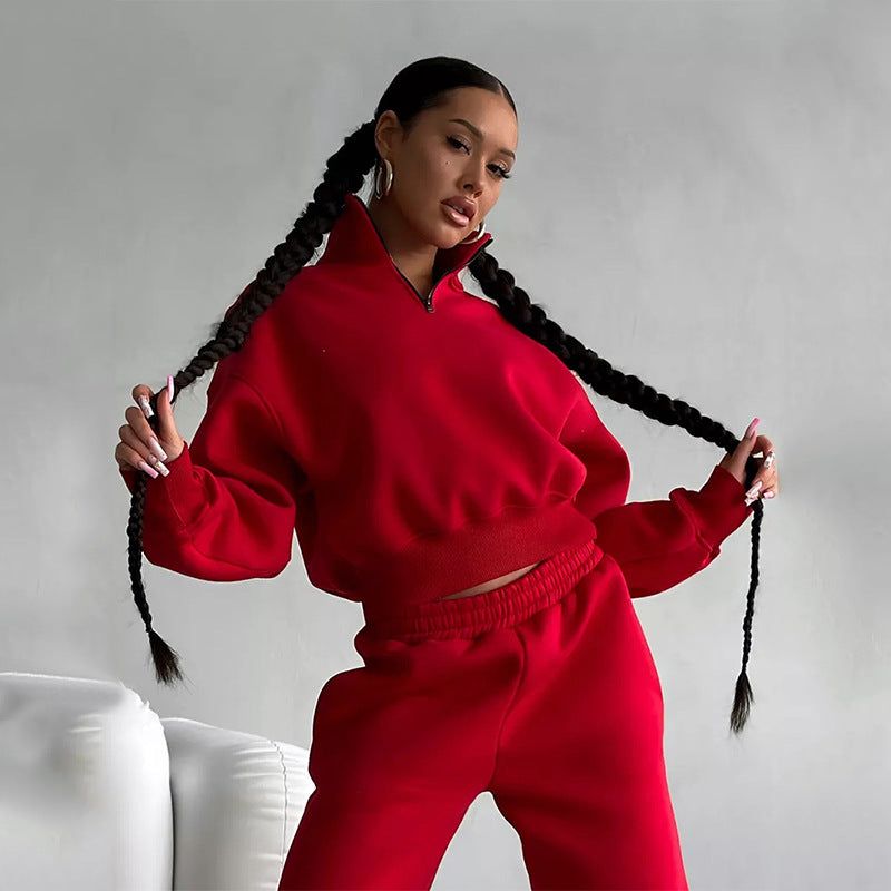 Damen Zweiteiliges Cropped-Halbzip-Sweatset mit Stehkragen und elastischer High-Waist-Jogginghose Drune