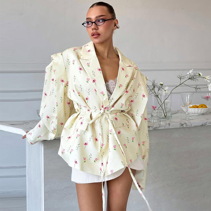 Damen Elegante Blazerjacke mit floralem Design und Taillengürtel Drune