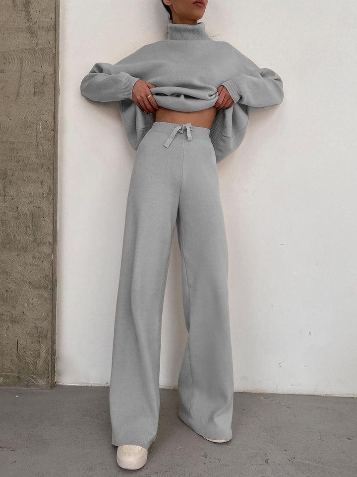 Damen Weite Strickhose mit hoher Taille, Tunnelzug und weitem Bein Drune