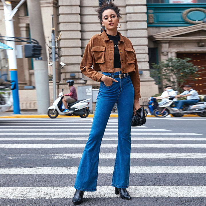 Damen cropped Cordjacke mit aufgesetzten Klappentaschen Hemdkragen und Knopfverschluss Drune