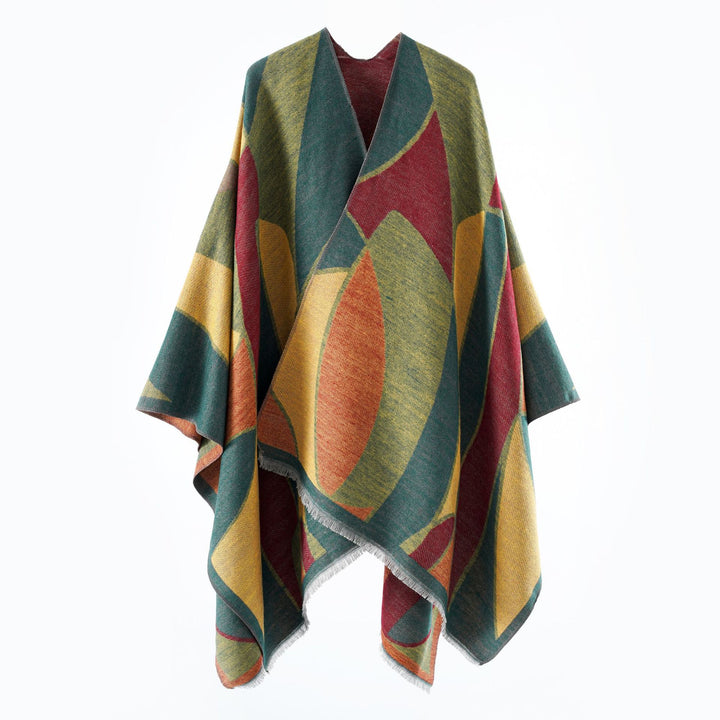 Damen Oversize-Poncho mit V-Ausschnitt und geometrischem Jacquard-Design Drune