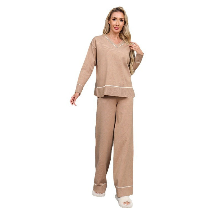Damen entspannendes Loungewear-Set mit V-Ausschnitt und breiten Hosen Drune