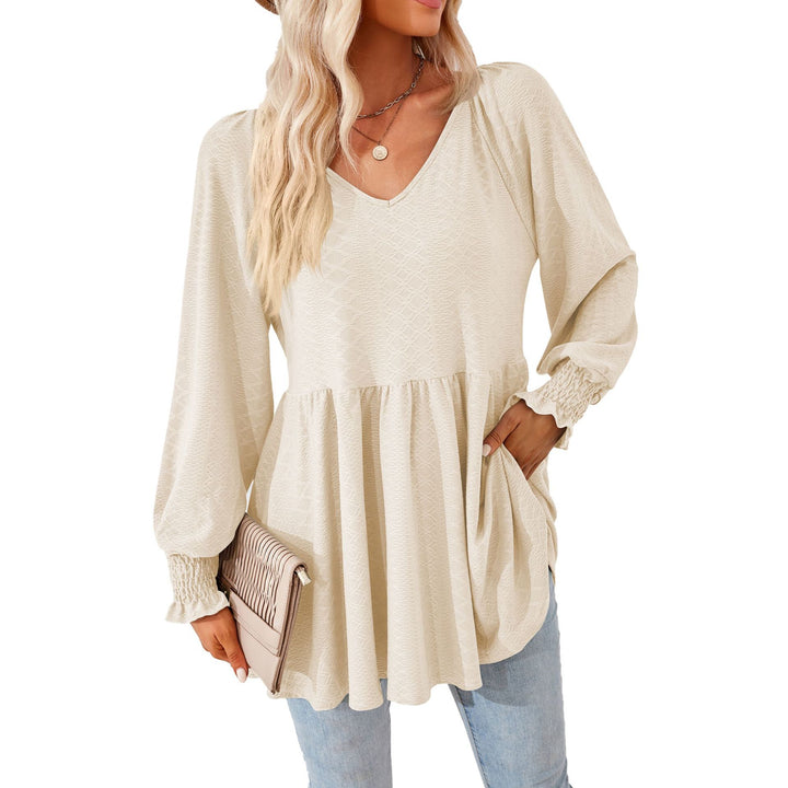 Damen lässiges V-Ausschnitt Blusenshirt mit Rüschen und Taschen Drune