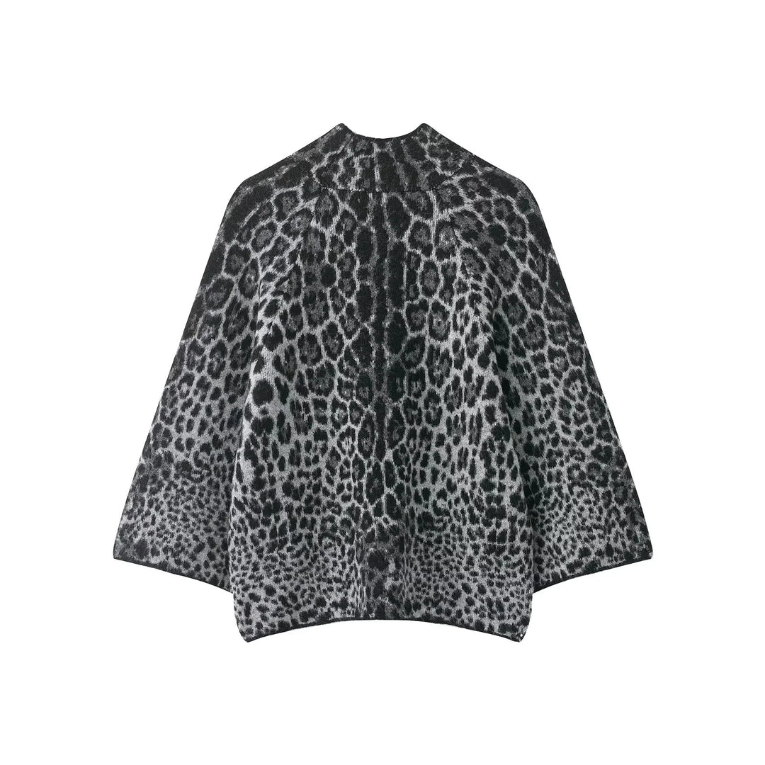 Damen nan Oversize-Poncho mit Leopardenjacquard, strukturierter Rollkragen und ausgestellter A-Linien-Silhouette Drune