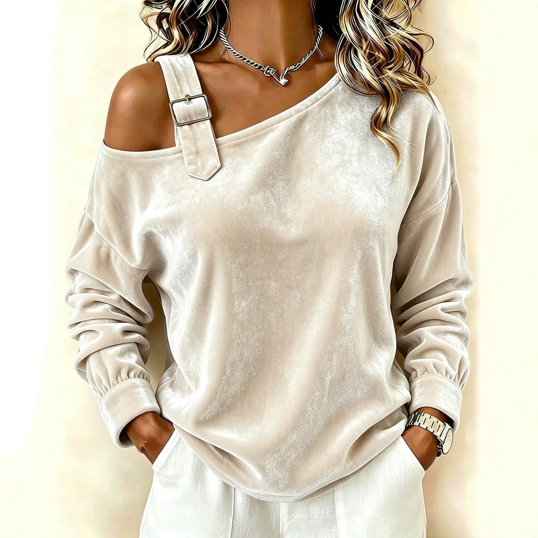 Damen Samt-Sweatshirt mit asymmetrischem Carmen-Ausschnitt und Zierschnalle Drune