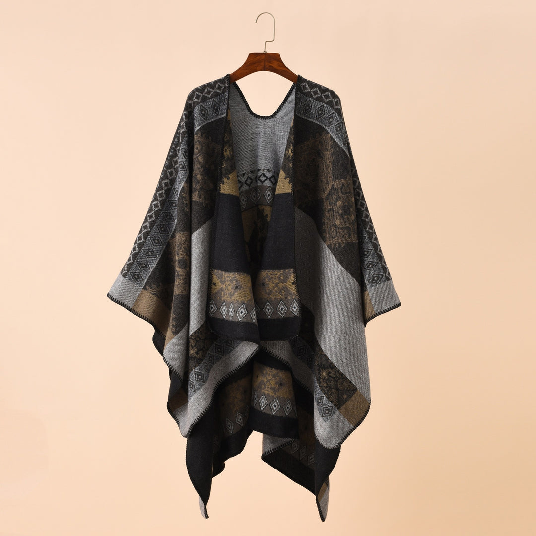 Damen Jacquard-Poncho-Cape mit Ethno-Muster und Wollmix Drune