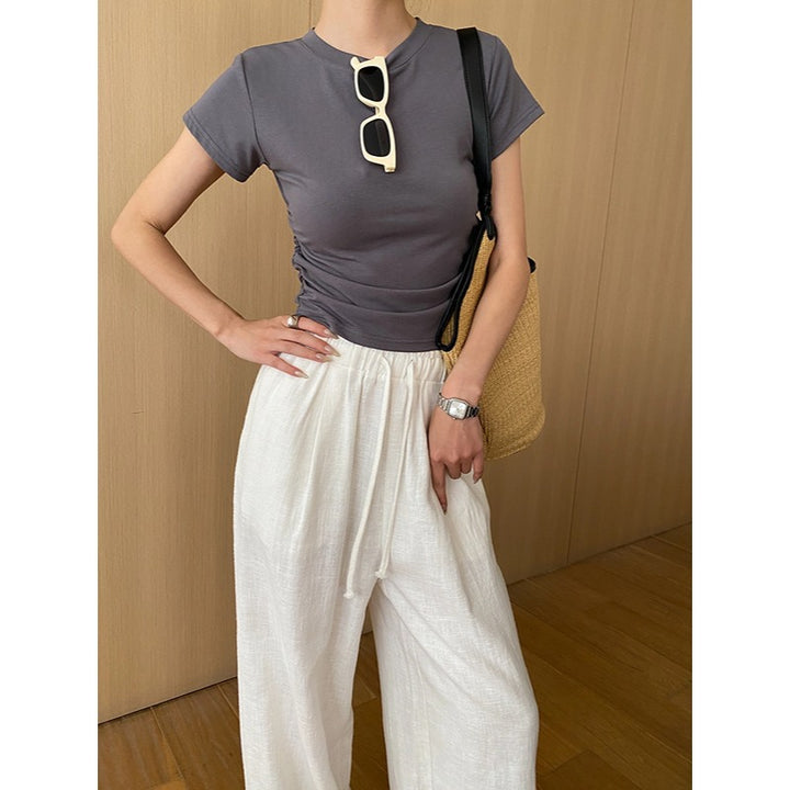 Damen figurbetontes T-Shirt mit dezenten Raffungselementen Drune