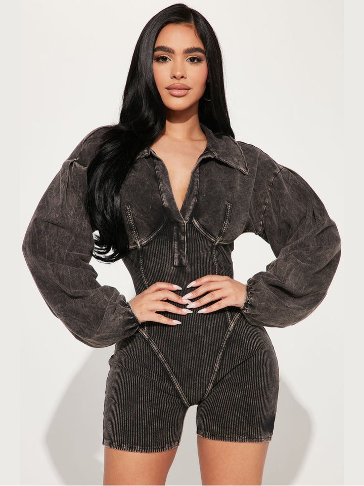 Damen Modischer Jumpsuit mit Puffärmeln und Rippstruktur Drune