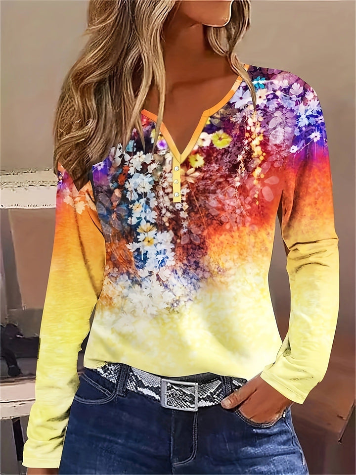 Damen Blütenmuster Langarmshirt mit Knopfleiste Drune