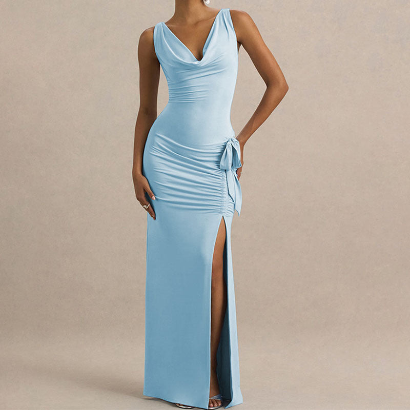 Damen Elegantes Maxikleid mit tiefem V-Ausschnitt und seitlicher Raffung Drune