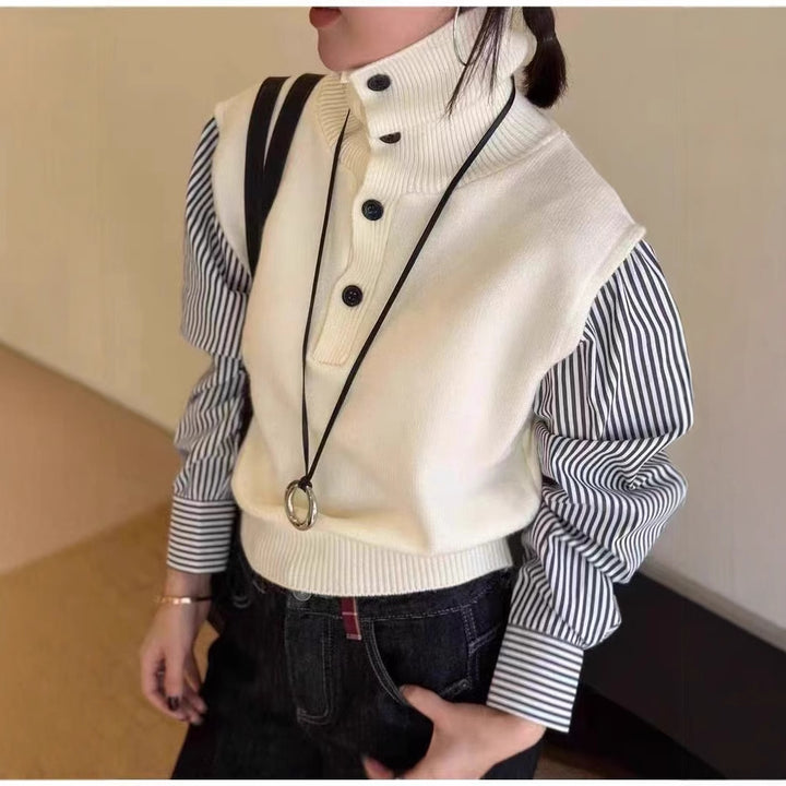 Damen modischer Rollkragenpullunder mit Hemdärmel und Knopfdetails Drune