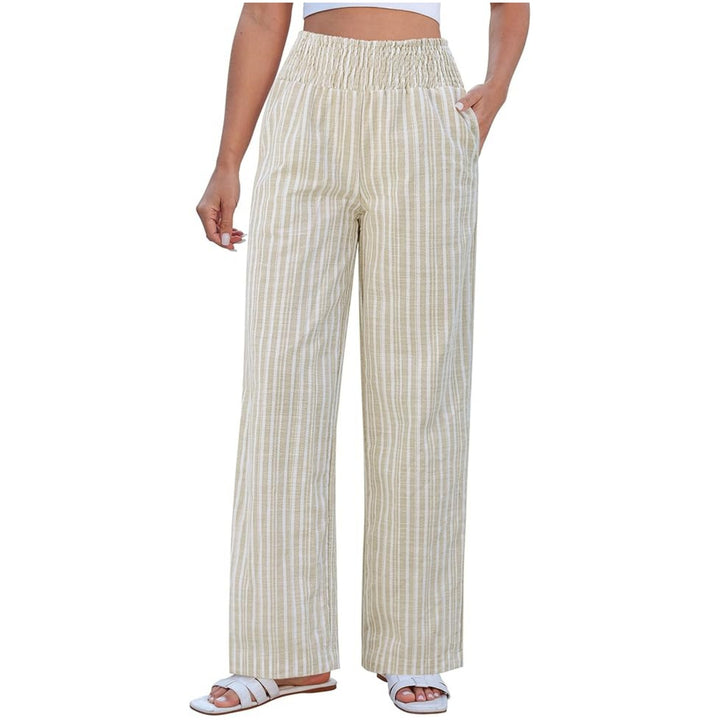 Damen Leichte Leinenoptik Palazzohose mit hohem Smokbund und Eingrifftaschen Drune