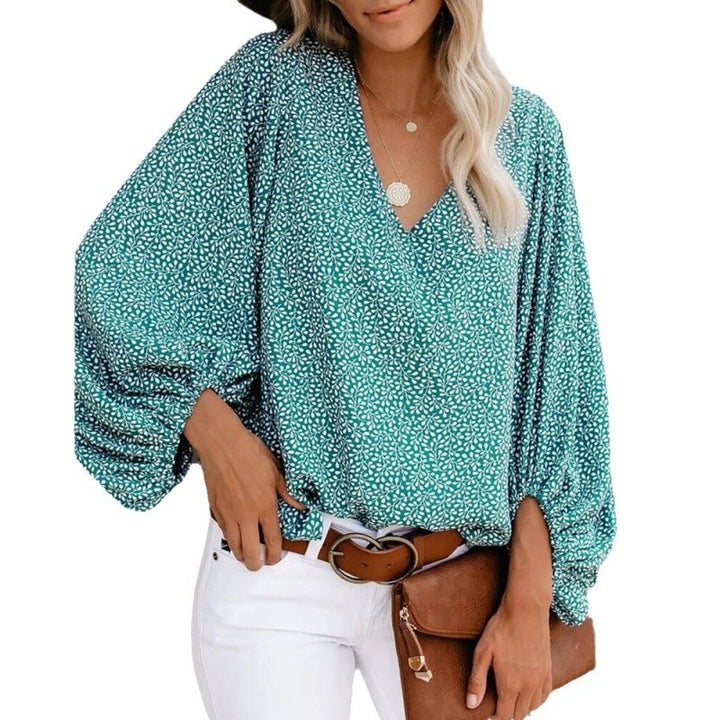 Damen Bluse mit weitem Puffärmel und eleganter V-Ausschnitt Drune
