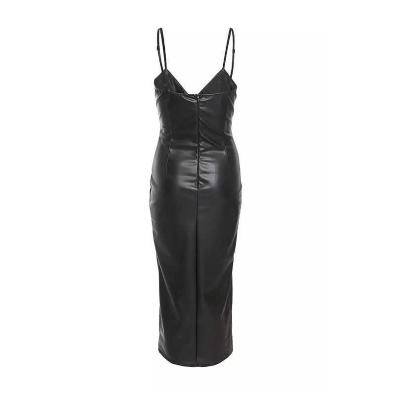 Damen Figurumspielendes Kunstleder-Midikleid mit tiefem V-Ausschnitt und seitlichem Schlitz Drune